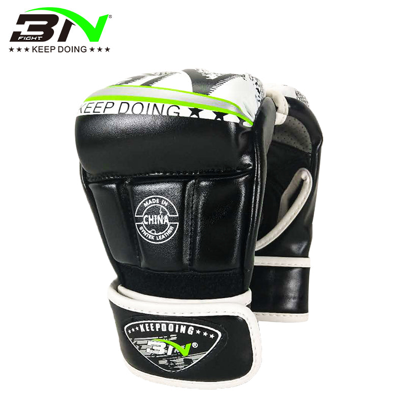 BN MMA Gloves Sparring Grappling, Hybrid Open Palm Martial Arts Mitts Men Women, Maya Hide Leather Wrist Support, Cage Fighting Combat Sports Boxing Glove Training, Muay Thai, Punching Bag Kickboxing